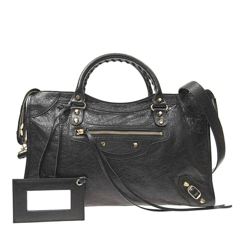 Balenciaga Classic City Grey Shiny Arena Leather Shoulder Bag 505550