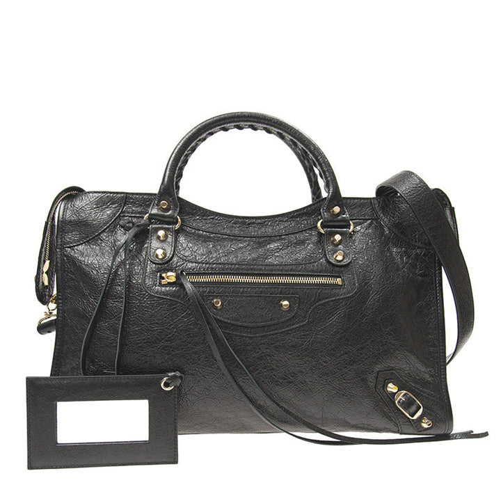 Balenciaga Classic City Grey Shiny Arena Leather Shoulder Bag 505550