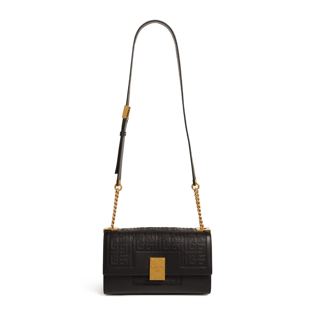 Balmain 1945 Black Leather Embossed Flap Medium Shoulder Bag WB1BK652
