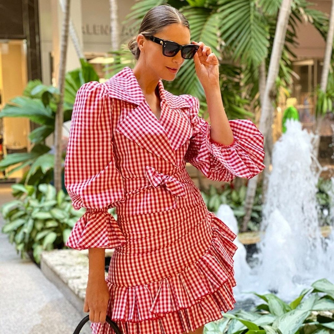 Balloon-Sleeve Gingham Blouse