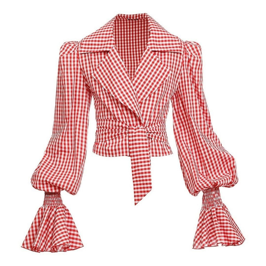 Balmain-Balloon-Sleeve Gingham Blouse - Runway Catalog