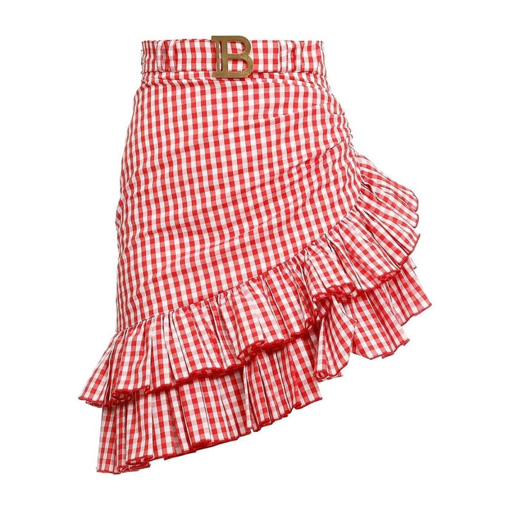 Balmain-Belted Ruffled Plaid Mini Skirt - Runway Catalog