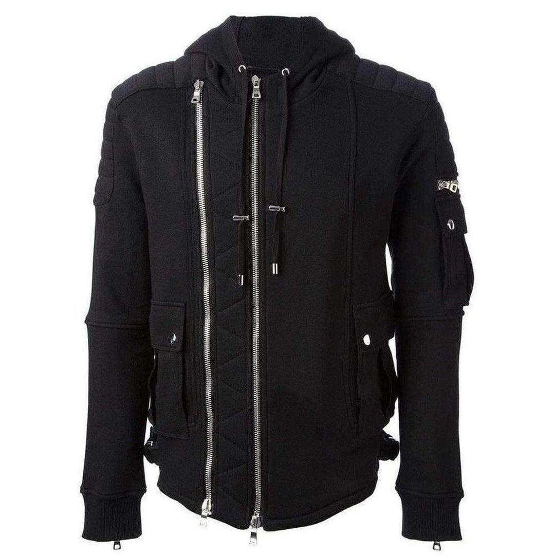 Balmain-Black Biker Hoodie Jacket - Runway Catalog