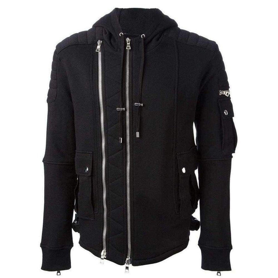 Balmain-Black Biker Hoodie Jacket - Runway Catalog