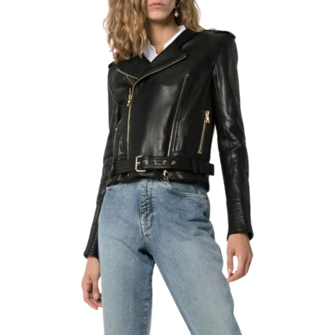 Black Buckle Belt Leather Jacket