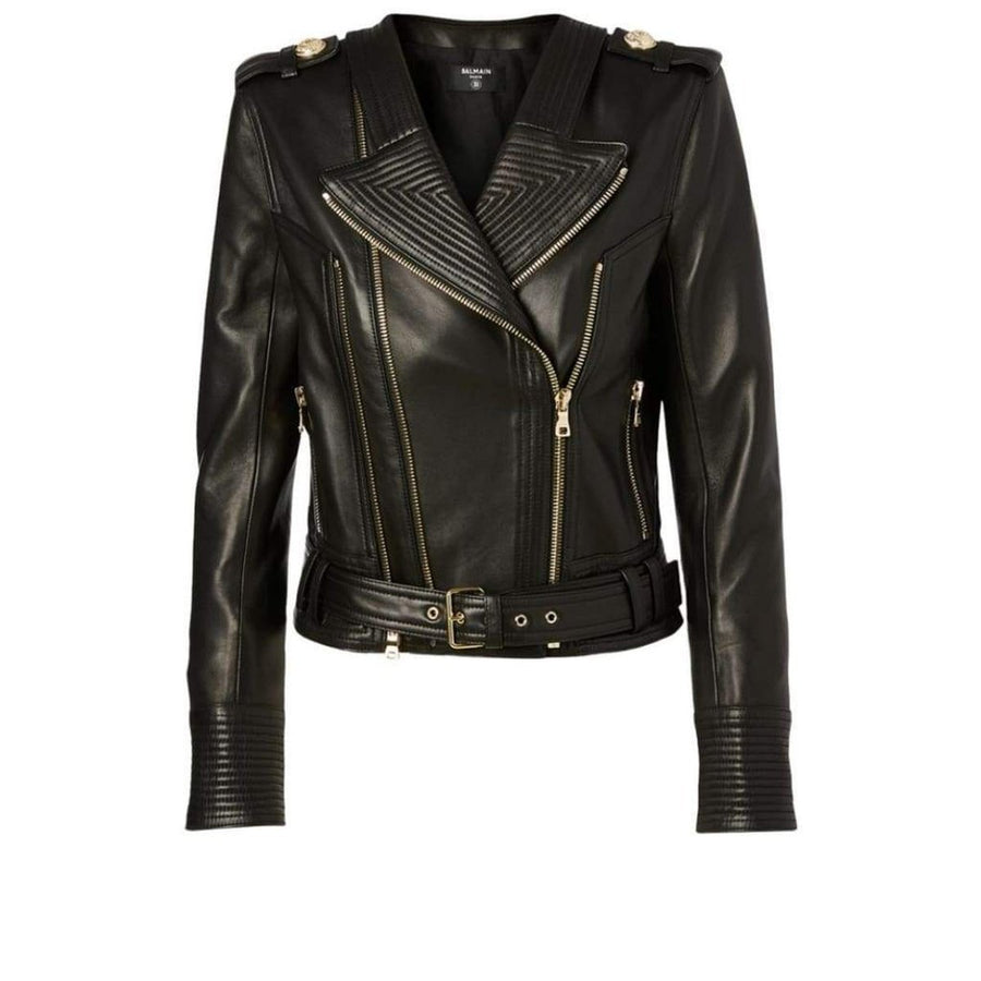 Balmain-Black Buckle Belt Leather Jacket - Runway Catalog