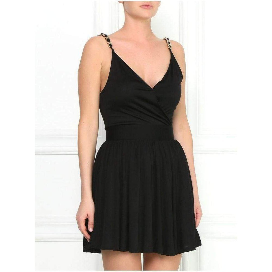 Black Fitted Wrap Metal Chain Straps Silk Blend Dress