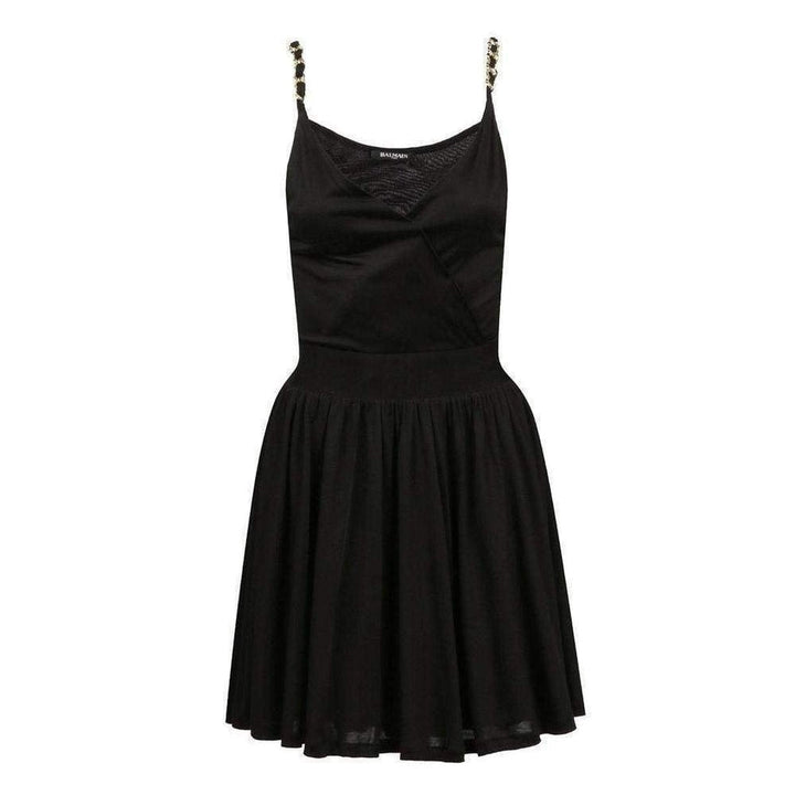 Black Fitted Wrap Metal Chain Straps Silk Blend Dress