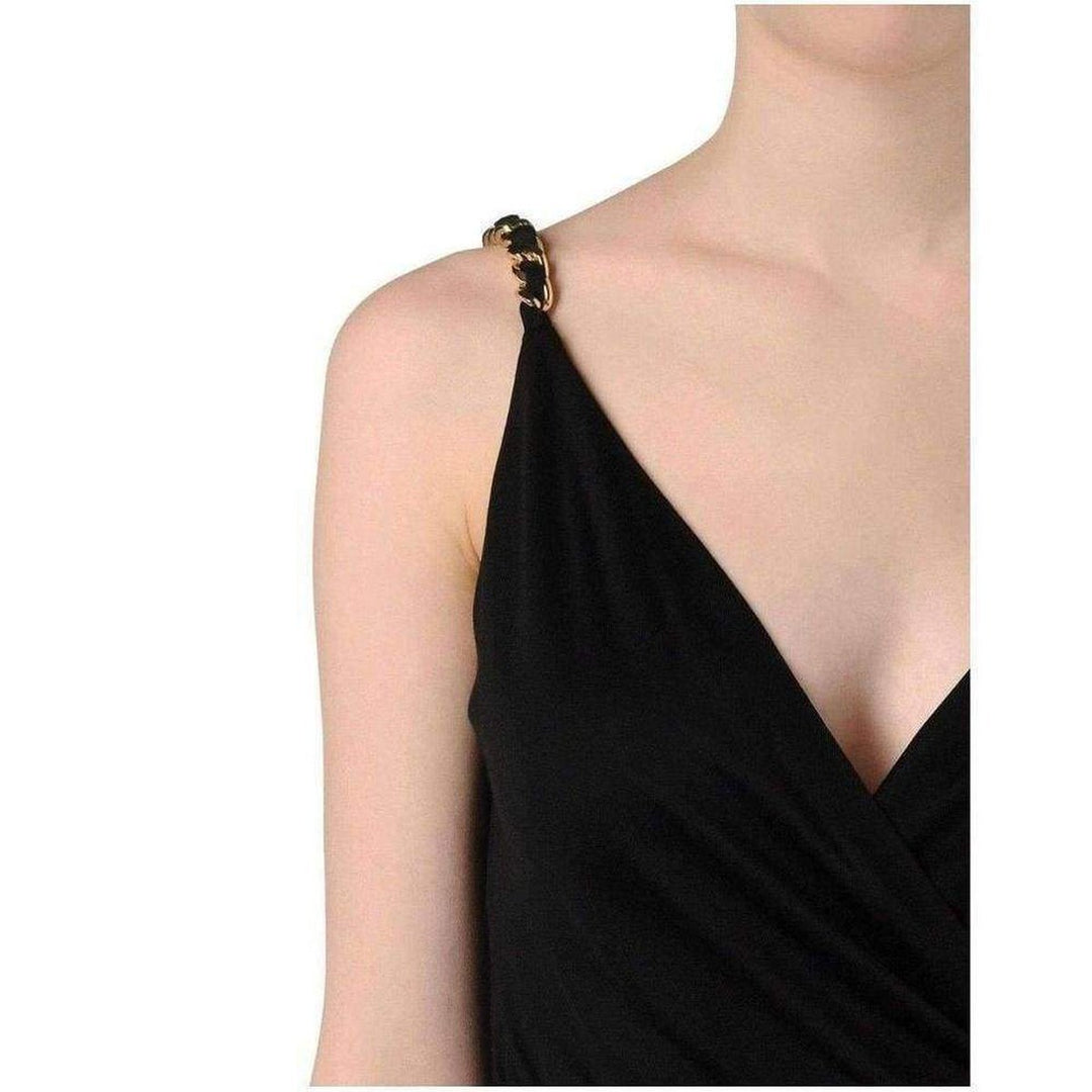 Black Fitted Wrap Metal Chain Straps Silk Blend Dress