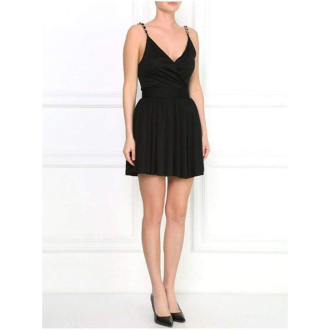 Black Fitted Wrap Metal Chain Straps Silk Blend Dress
