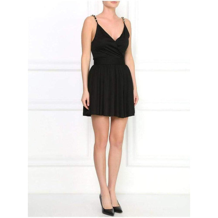 Black Fitted Wrap Metal Chain Straps Silk Blend Dress
