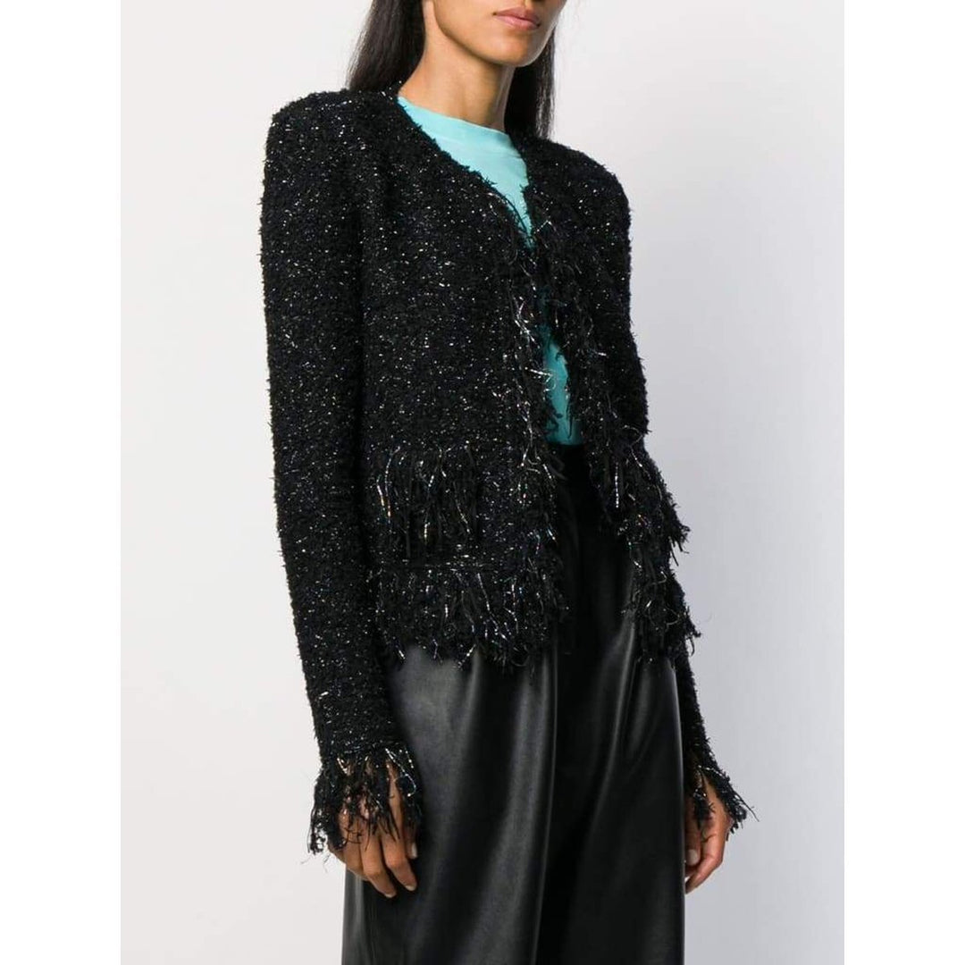 Black Fringed Metallic Tweed Jacket