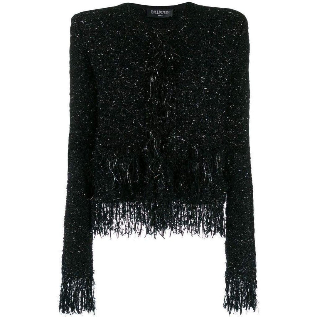 Balmain-Black Fringed Metallic Tweed Jacket - Runway Catalog