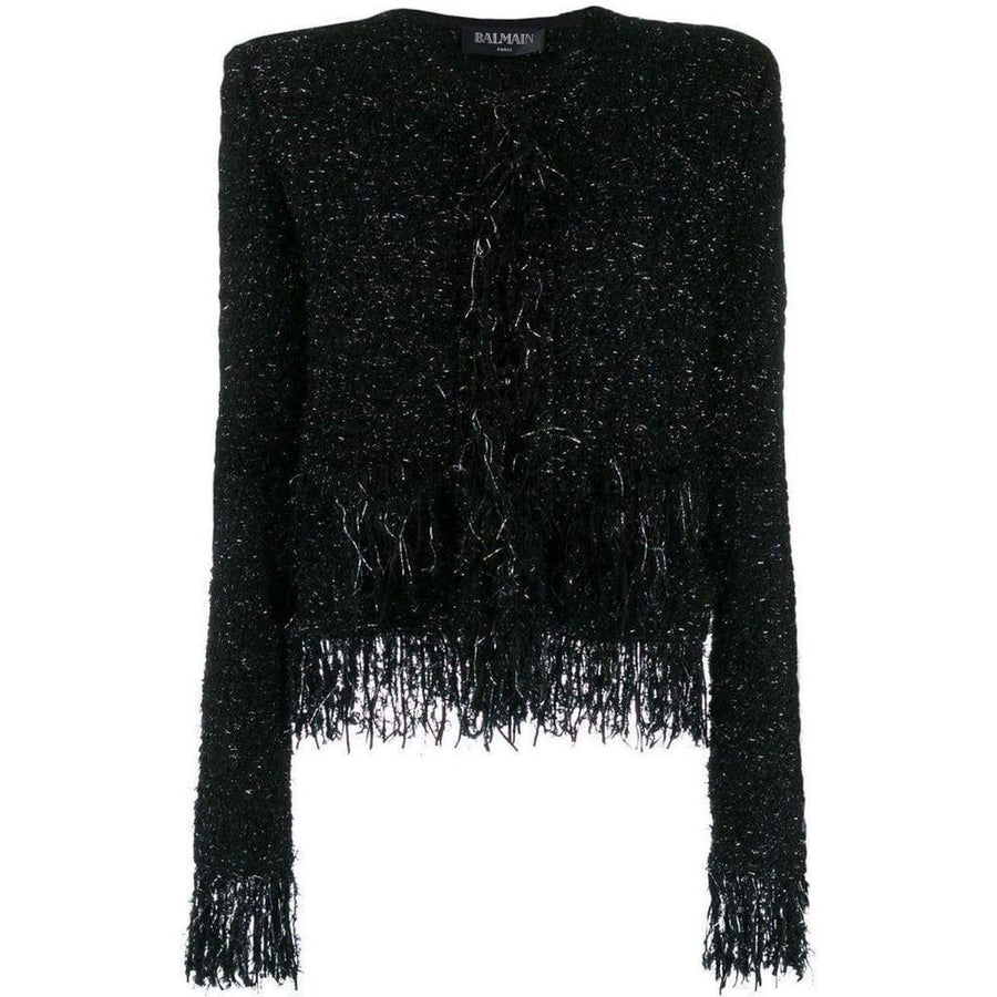 Balmain-Black Fringed Metallic Tweed Jacket - Runway Catalog