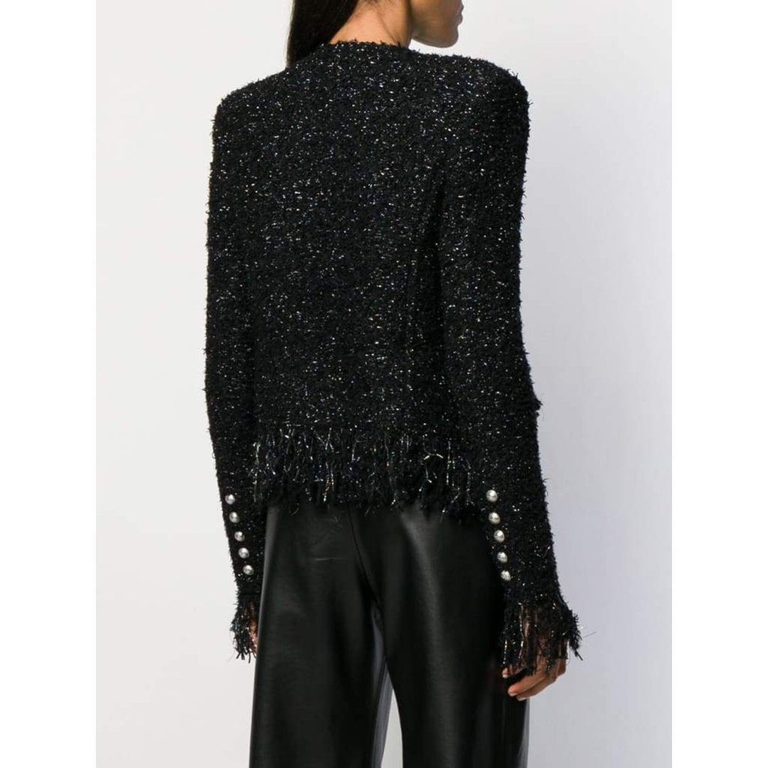 Black Fringed Metallic Tweed Jacket