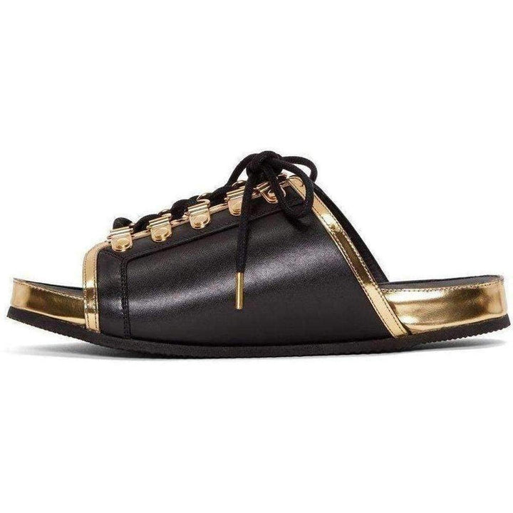 Black Gold Lace up Sliders Men Leather Sandals