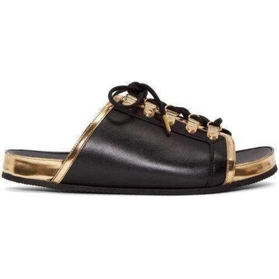 Balmain-Black Gold Lace up Sliders Men Leather Sandals - Runway Catalog
