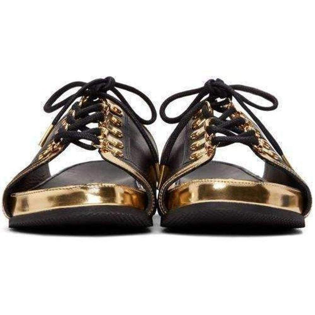 Black Gold Lace up Sliders Men Leather Sandals