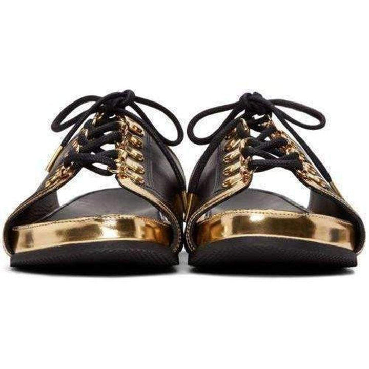 Black Gold Lace up Sliders Men Leather Sandals