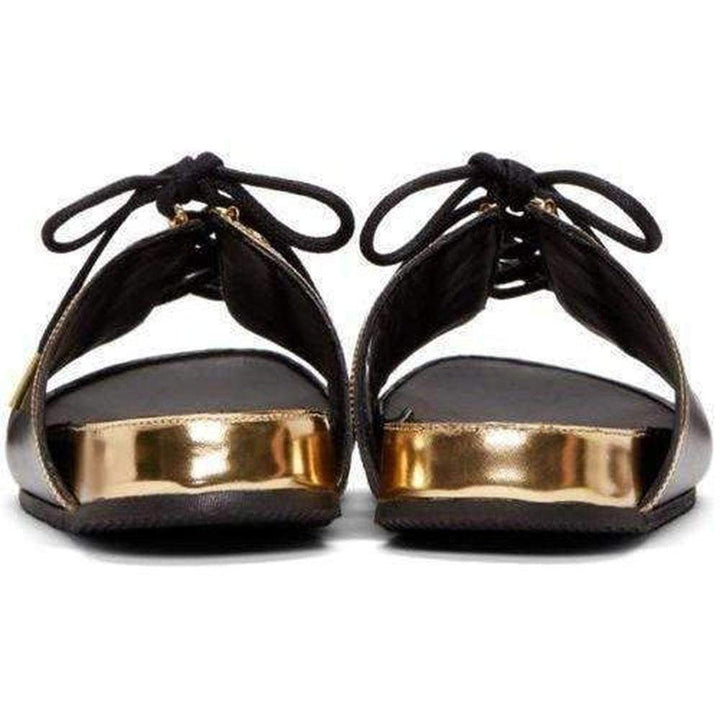 Black Gold Lace up Sliders Men Leather Sandals