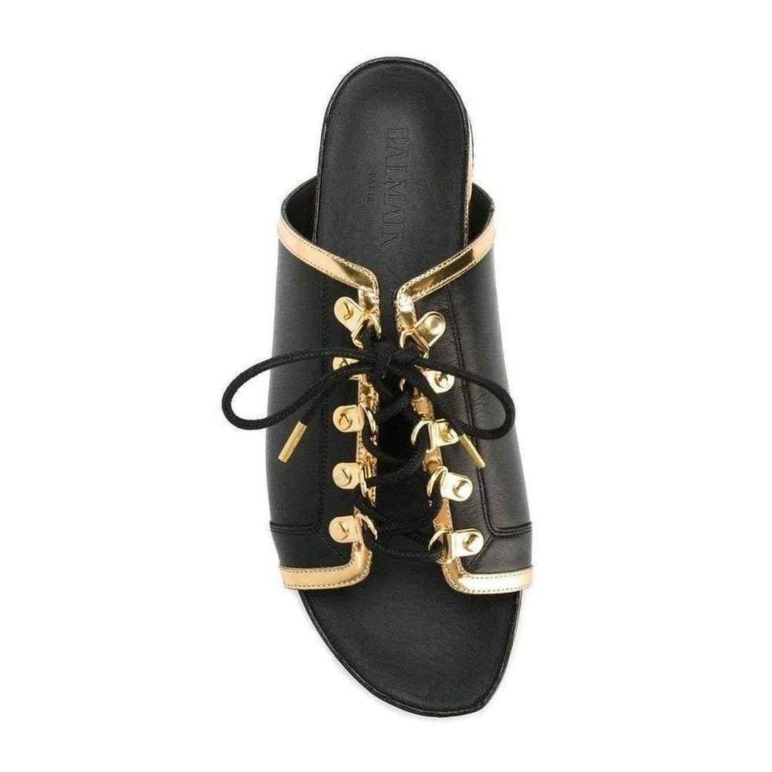 Black Gold Lace up Sliders Men Leather Sandals