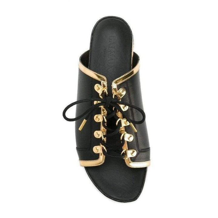 Black Gold Lace up Sliders Men Leather Sandals