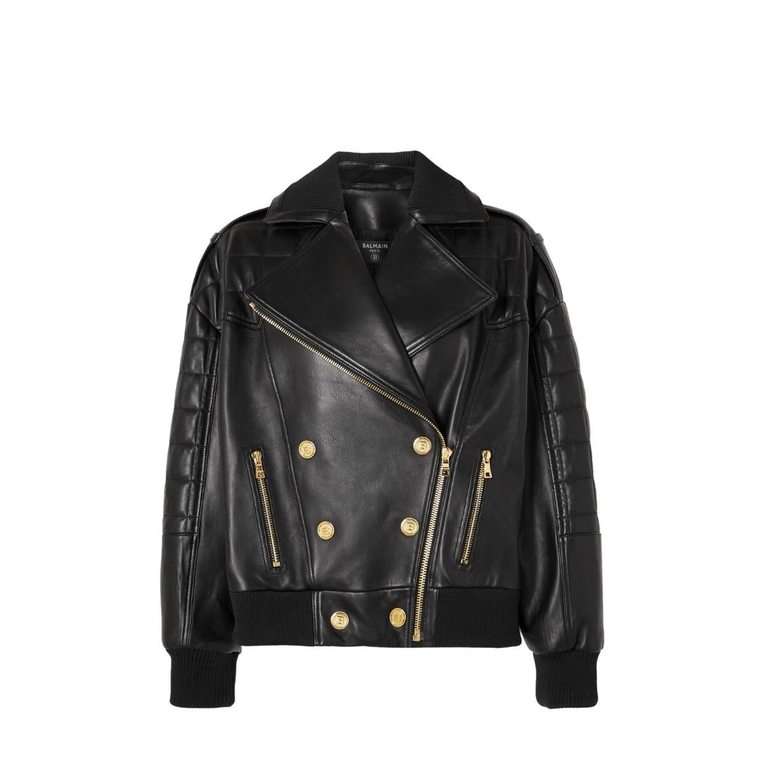 Balmain-Black Leather Double-Breasted Bomber Jacket - Runway Catalog