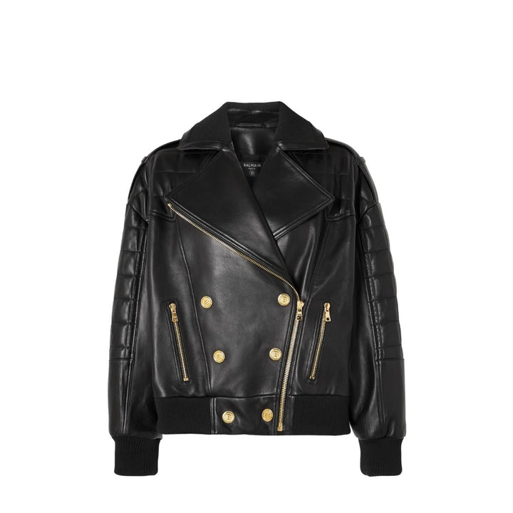 Balmain-Black Leather Double-Breasted Bomber Jacket - Runway Catalog