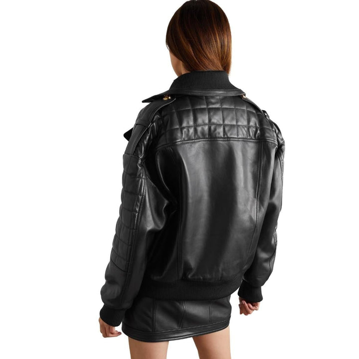 Black Leather Double-Breasted Bomber Jacket