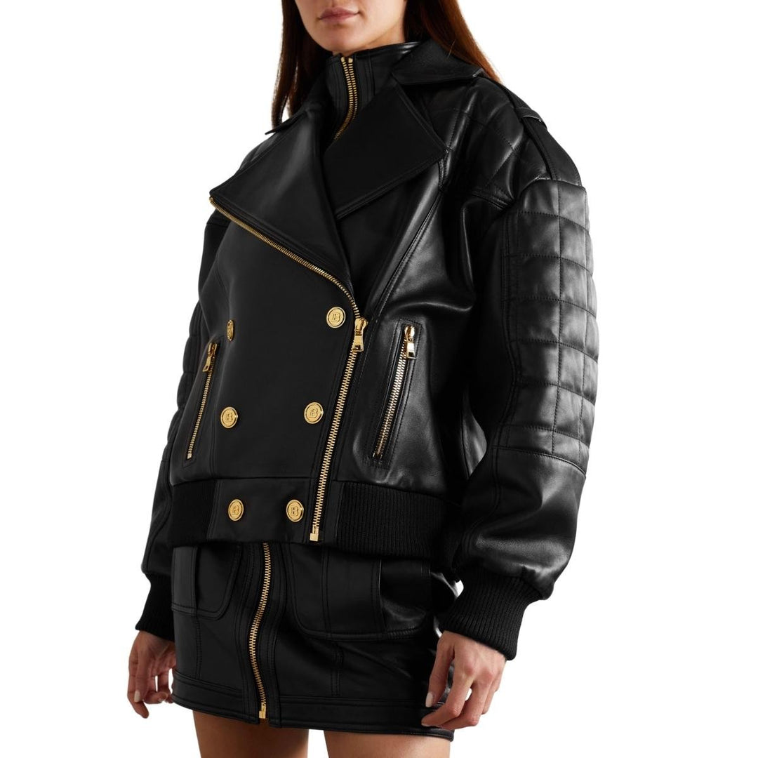 Black Leather Double-Breasted Bomber Jacket
