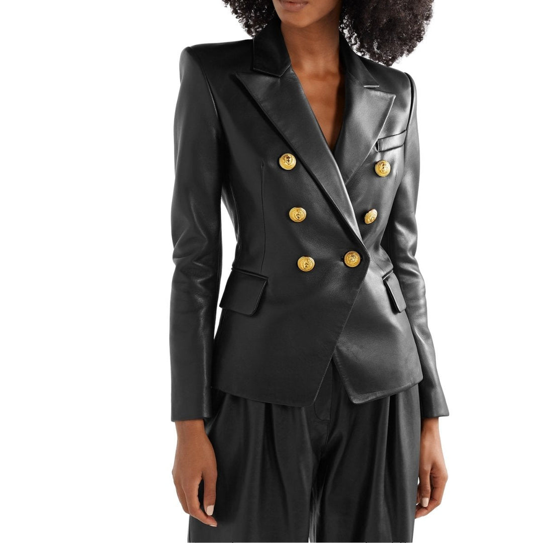 Black Leather Double-Breasted Jacket