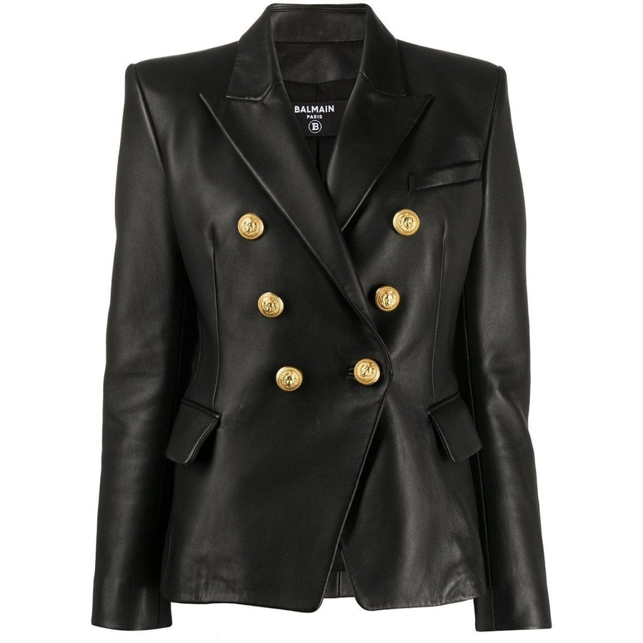 Balmain-Black Leather Double-Breasted Jacket - Runway Catalog