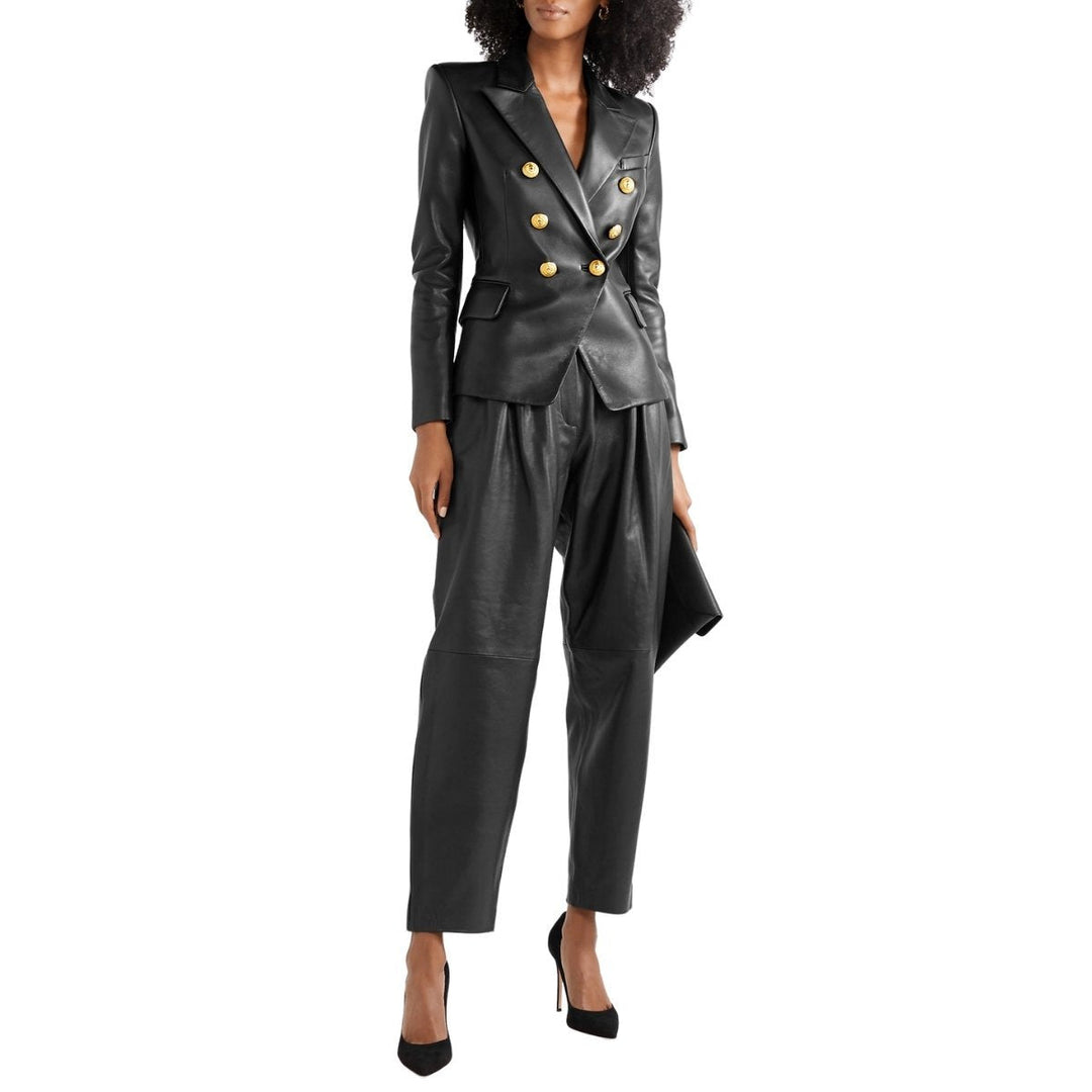 Black Leather Double-Breasted Jacket