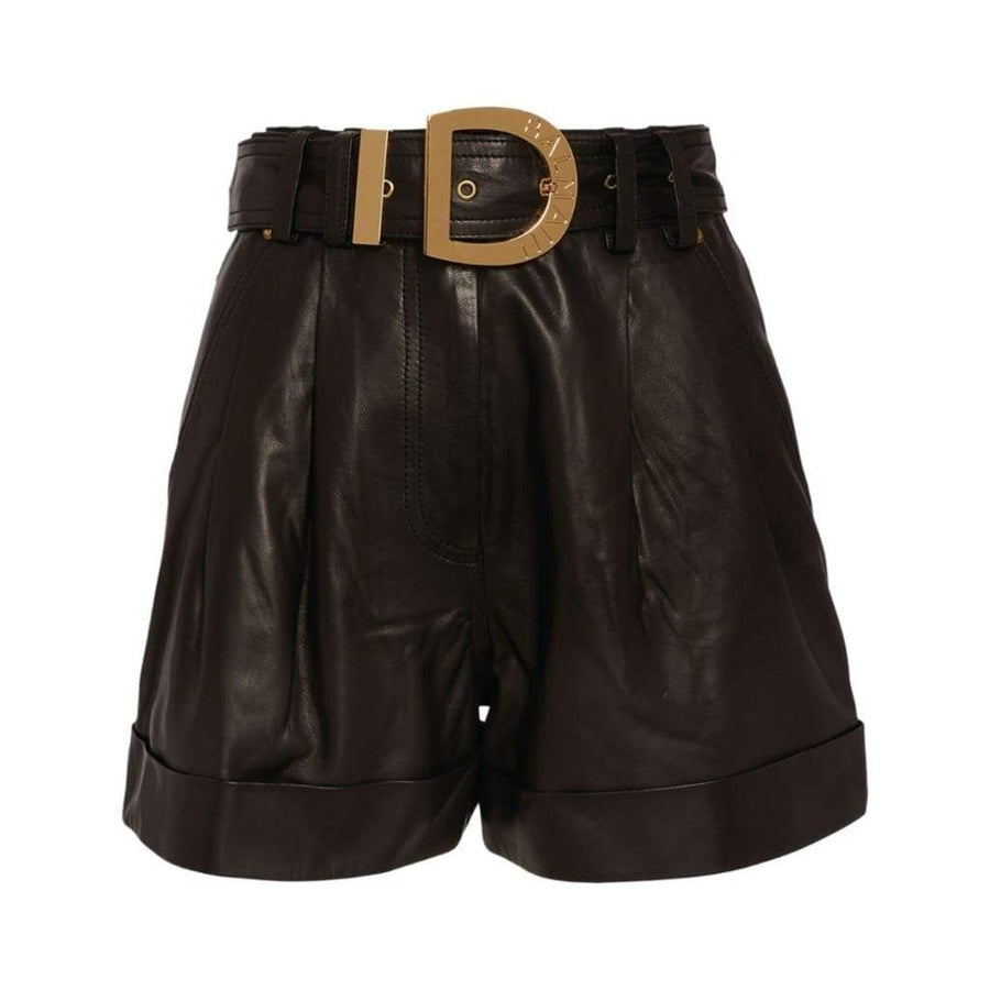 Balmain-Black Leather High Waist Belted Shorts - Runway Catalog