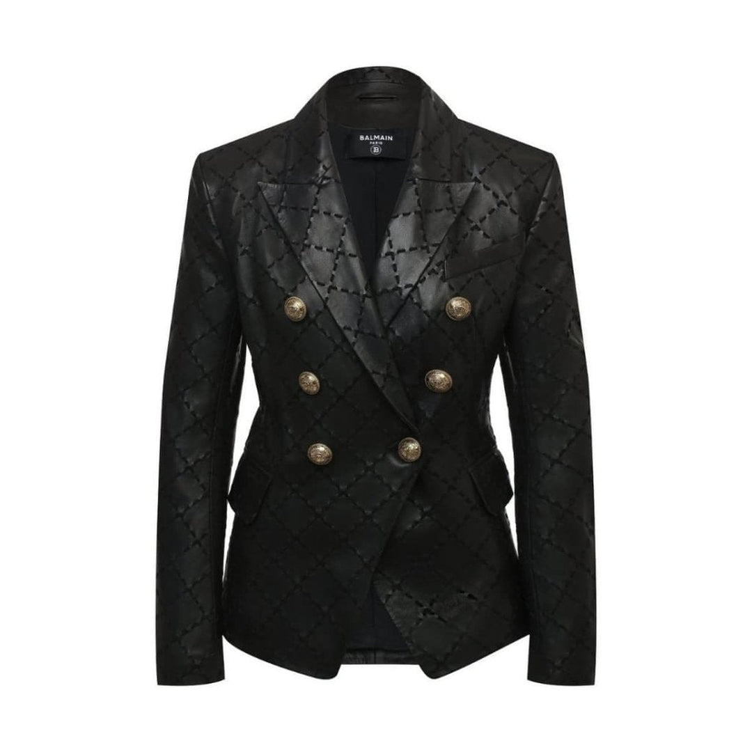 Balmain-Black Leather With Diamond-shaped Stitching Blazer - Runway Catalog