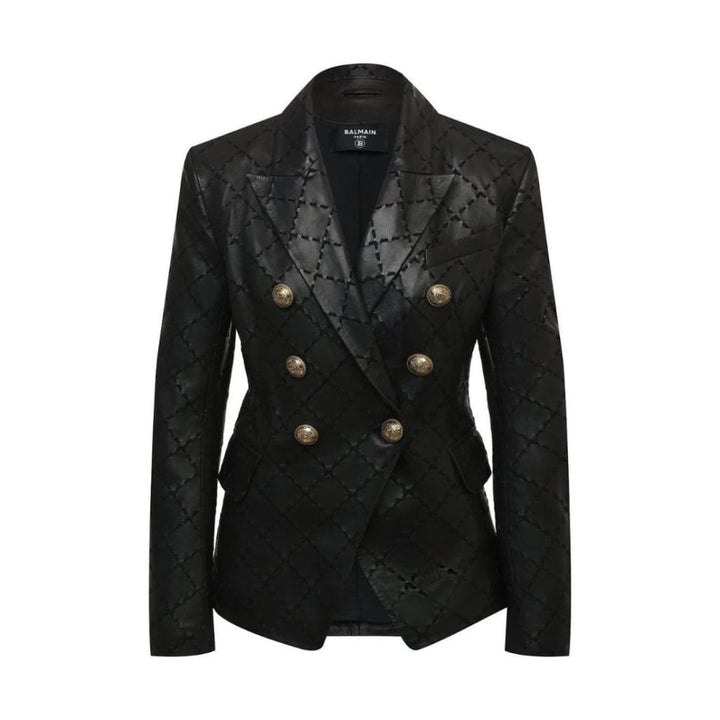Balmain-Black Leather With Diamond-shaped Stitching Blazer - Runway Catalog