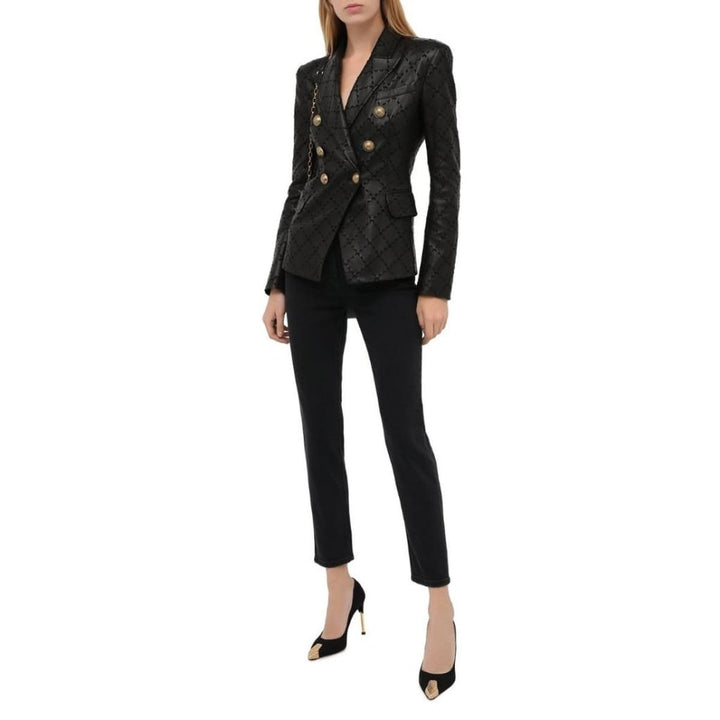 Black Leather With Diamond-shaped Stitching Blazer