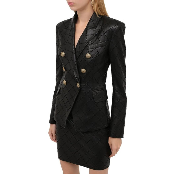 Black Leather With Diamond-shaped Stitching Blazer