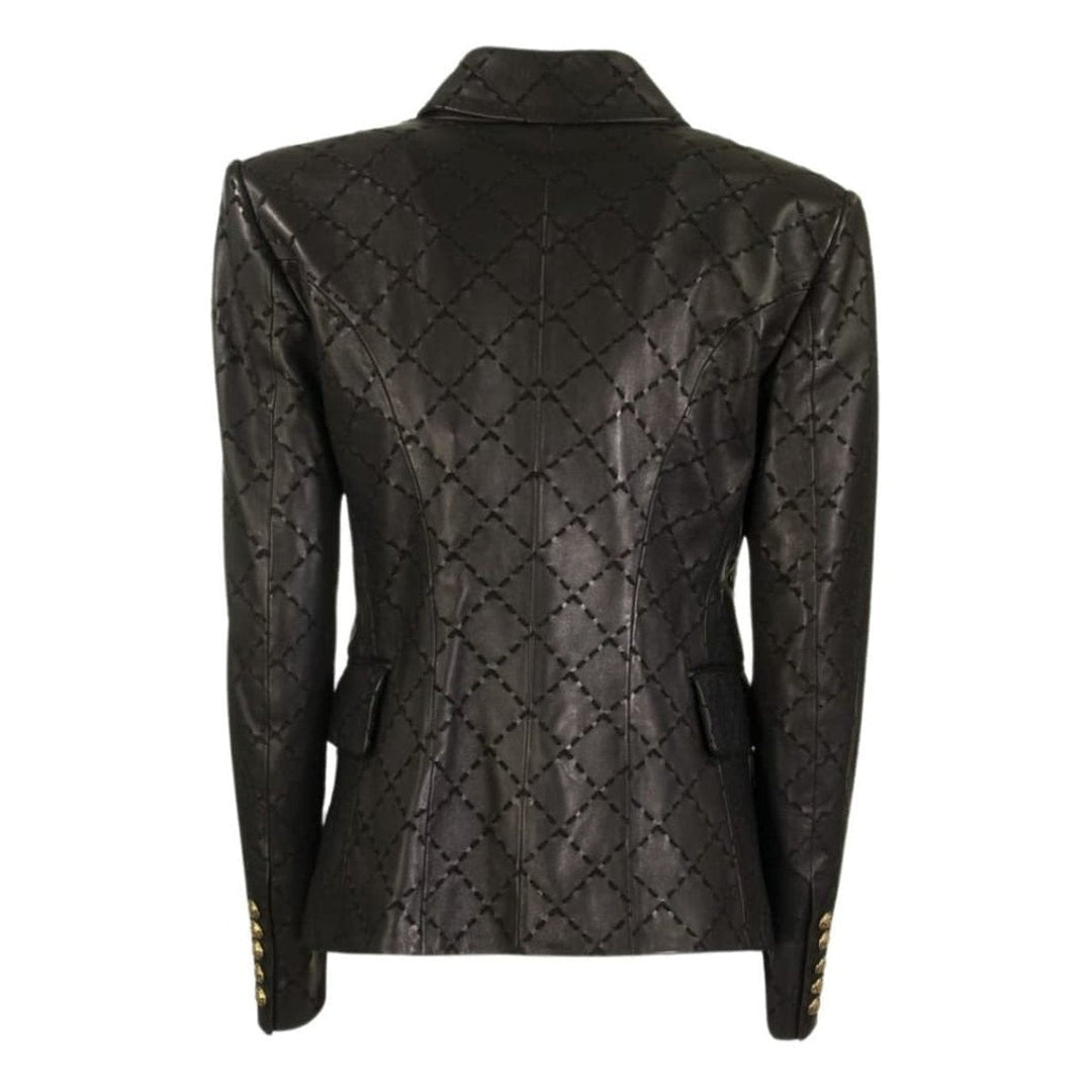Black Leather With Diamond-shaped Stitching Blazer