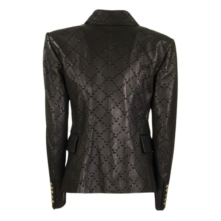 Black Leather With Diamond-shaped Stitching Blazer