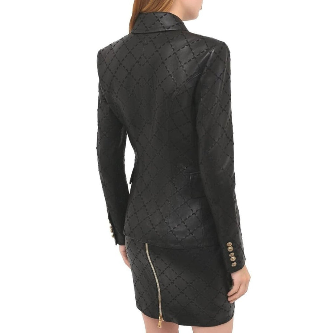 Black Leather With Diamond-shaped Stitching Blazer