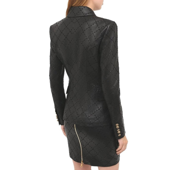 Black Leather With Diamond-shaped Stitching Blazer