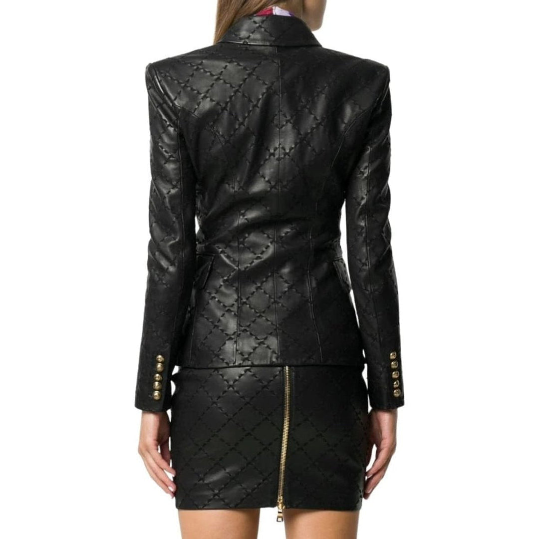 Black Leather With Diamond-shaped Stitching Blazer