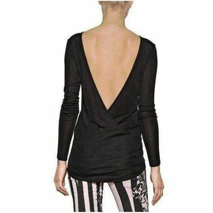 Black Long Sleeve Open Back Cotton Blend Top
