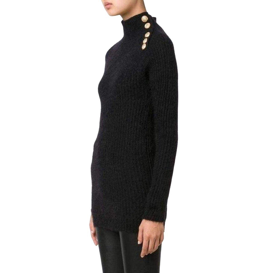 Black Mohair Wool Ribbed Turtleneck Sweater