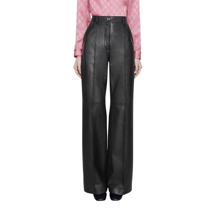 Black Plonge Leather Flare Trousers