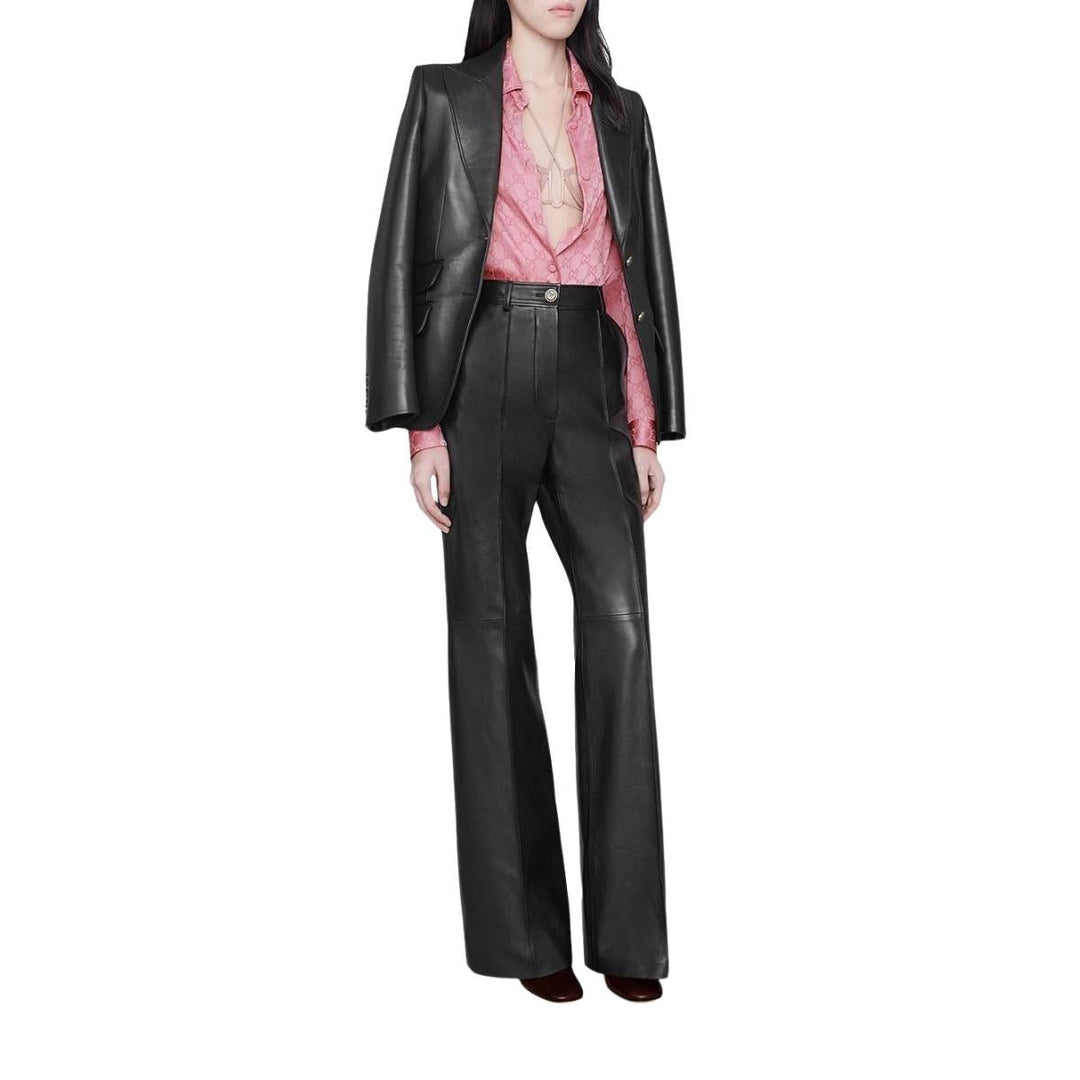 Black Plonge Leather Flare Trousers