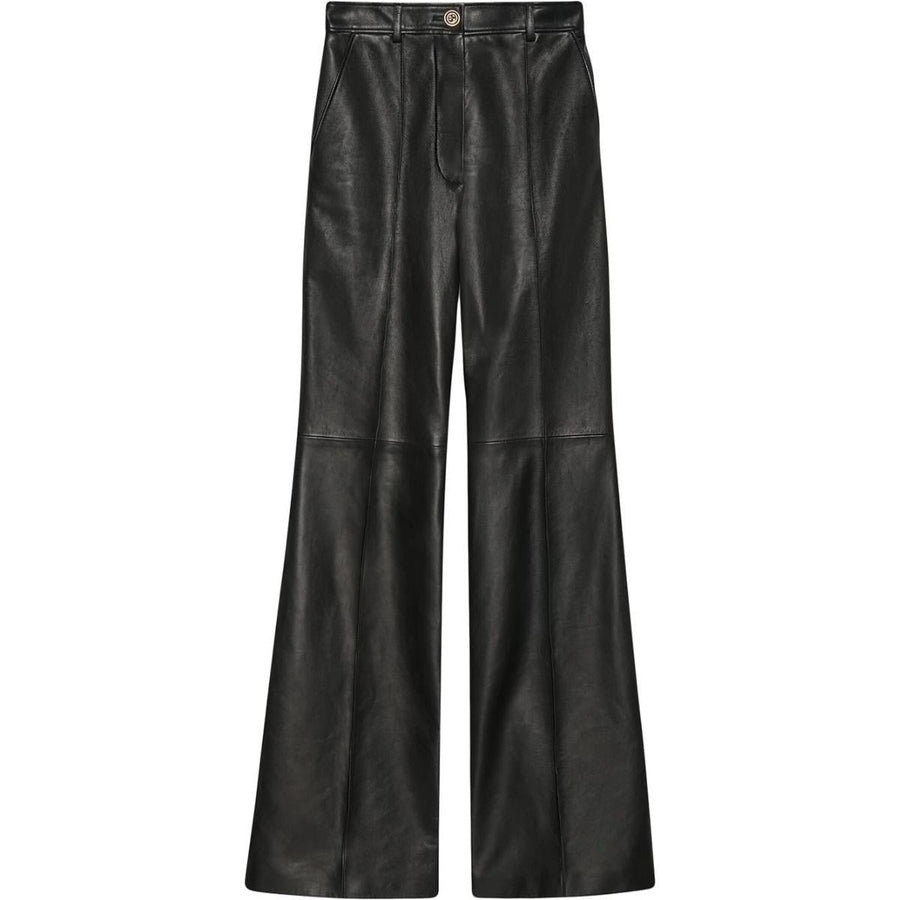 Balmain-Black Plonge Leather Flare Trousers - Runway Catalog