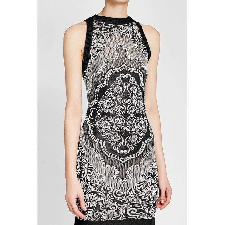 Black White Jacquard Lace Print Mini Dress