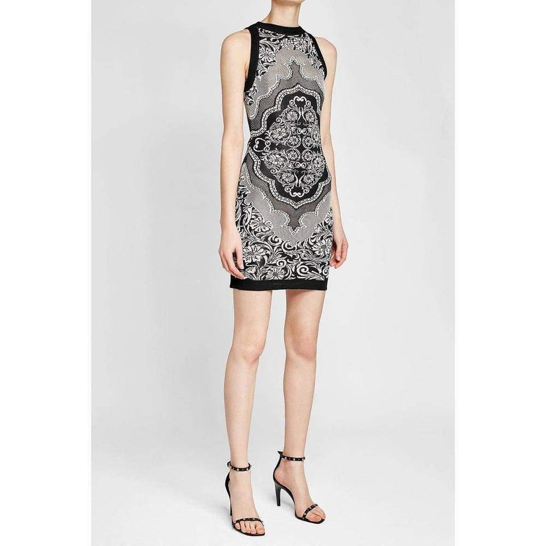 Black White Jacquard Lace Print Mini Dress